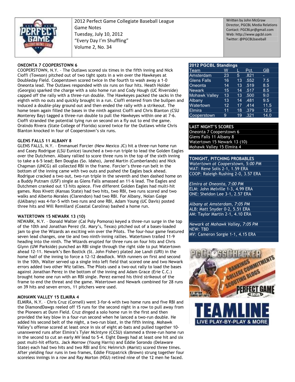 2012 Perfect Game Collegiate Baseball League Game Notes