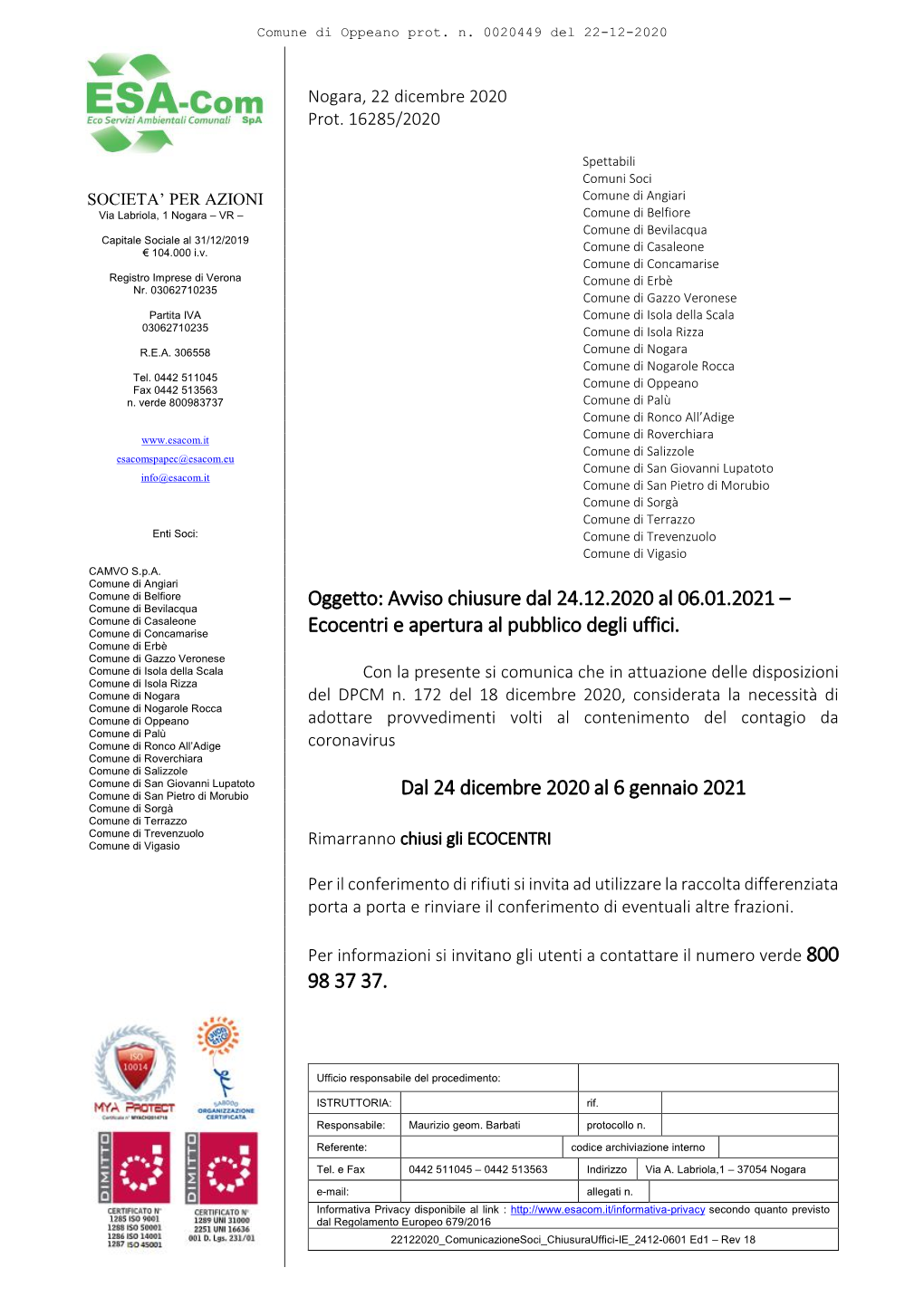 Ecocentri E Apertura Al Pubblico Degli Uffici. Dal 24 Dicembre 2020 Al