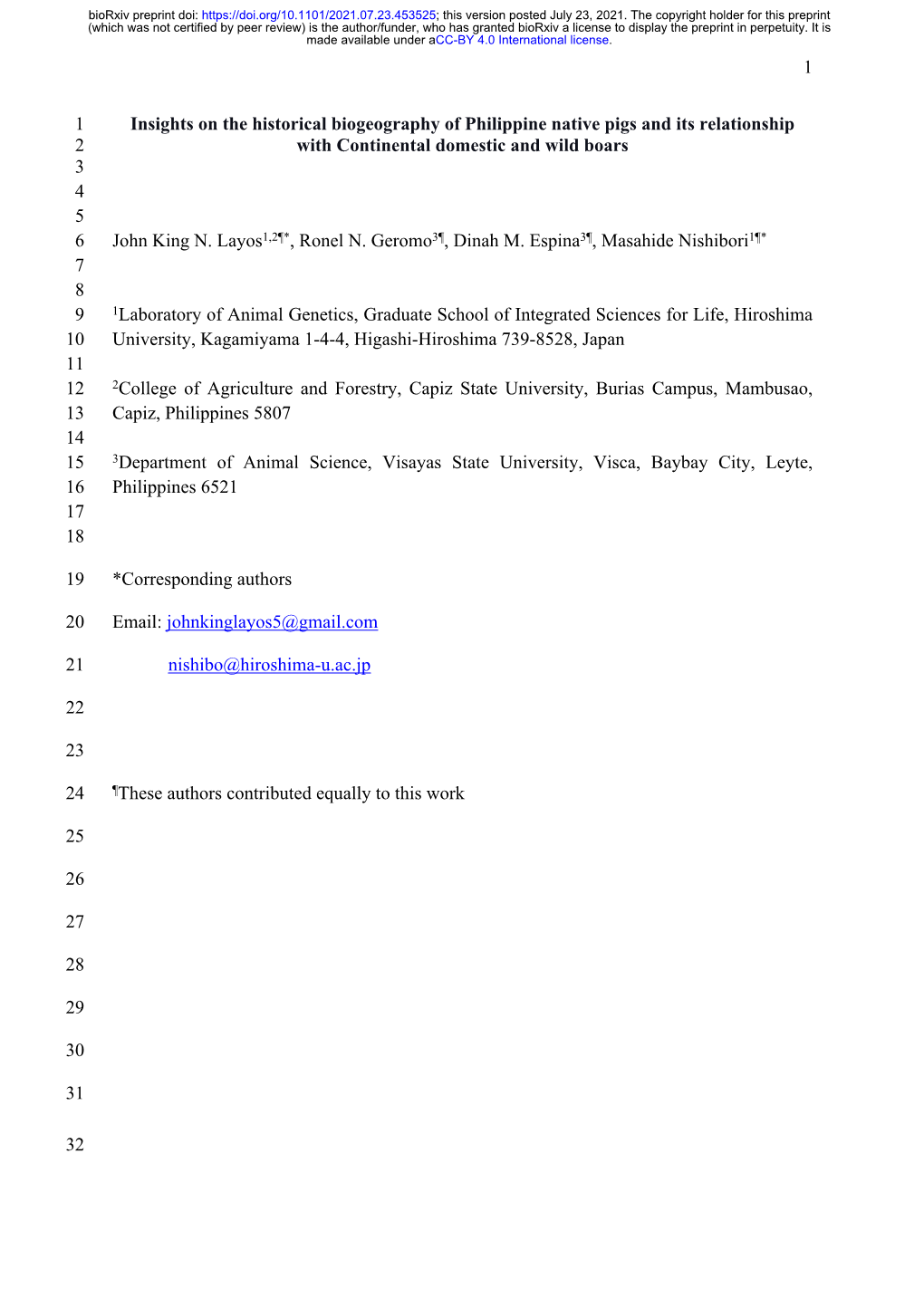 Insights on the Historical Biogeography of Philippine Native Pigs and Its Relationship 2 with Continental Domestic and Wild Boars 3 4 5 6 John King N