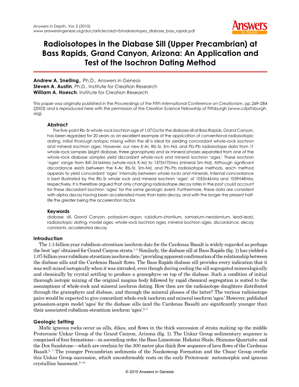 Radioisotopes in the Diabase Sill (Upper Precambrian) at Bass Rapids, Grand Canyon, Arizona: an Application and Test of the Isochron Dating Method