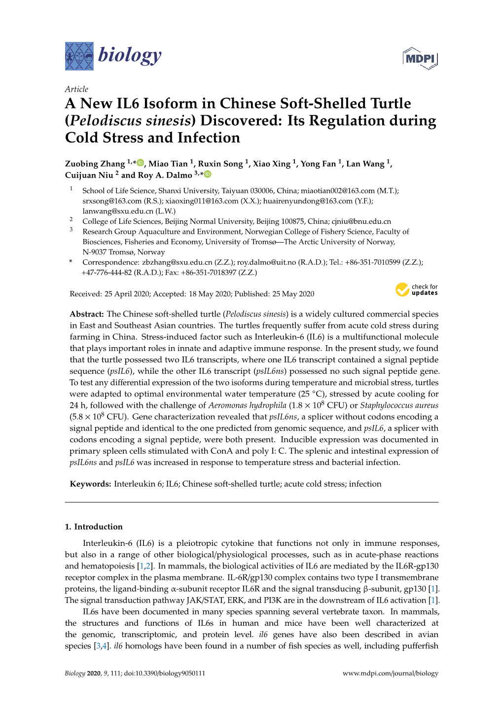 A New IL6 Isoform in Chinese Soft-Shelled Turtle (Pelodiscus Sinesis) Discovered: Its Regulation During Cold Stress and Infection