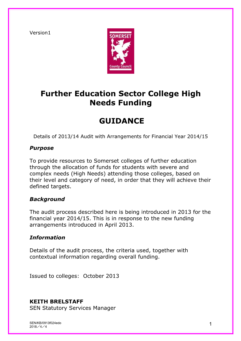 Further Education Sector College High Needs Funding