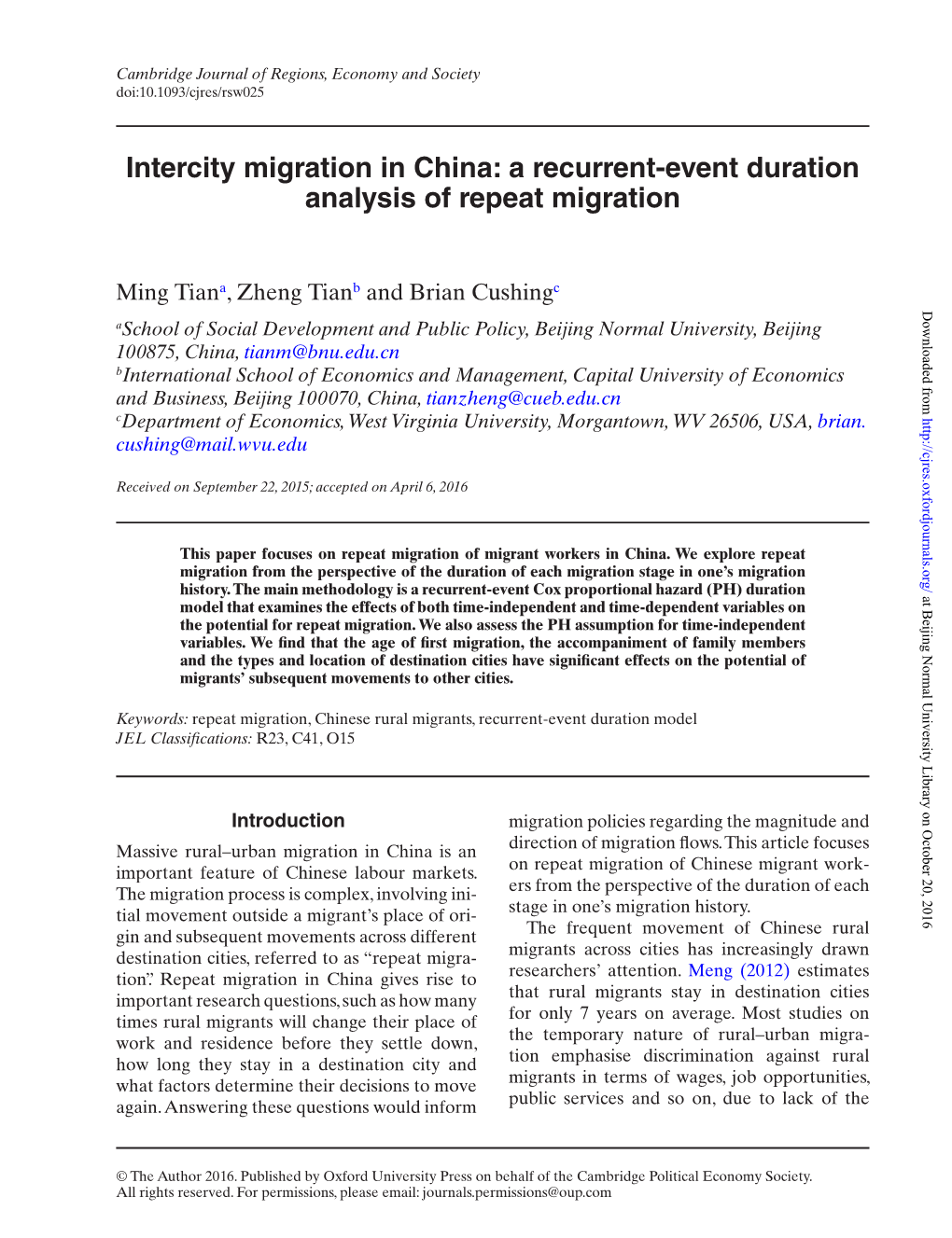 Intercity Migration in China: a Recurrent-Event Duration Analysis of Repeat Migration