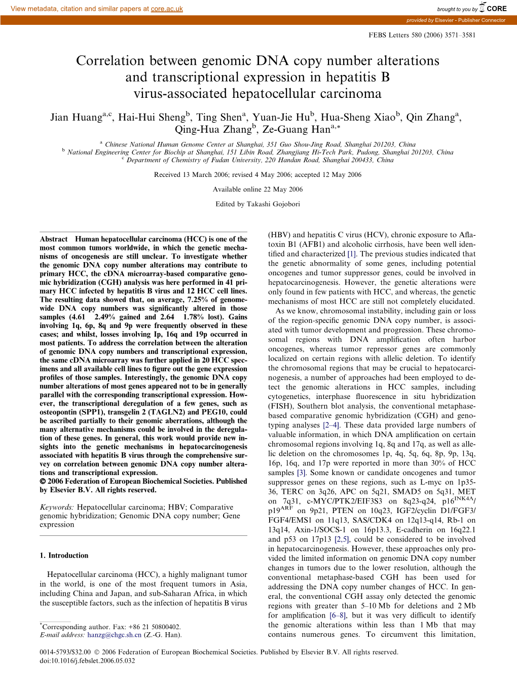 Correlation Between Genomic DNA Copy Number Alterations and Transcriptional Expression in Hepatitis B Virus-Associated Hepatocellular Carcinoma