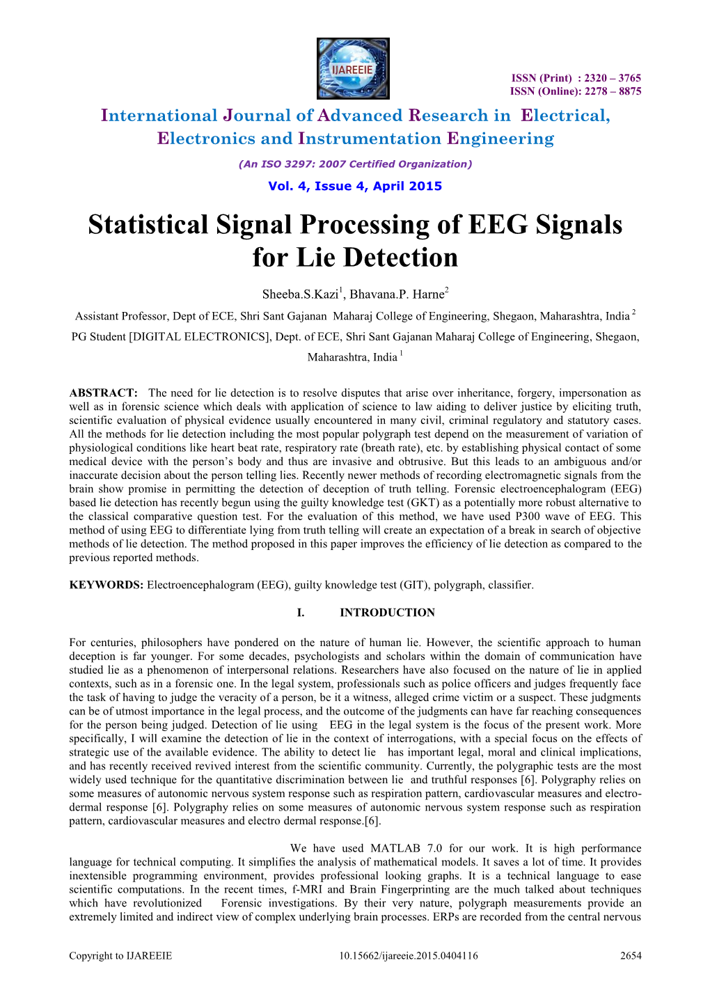 Statistical Signal Processing of EEG Signals for Lie Detection