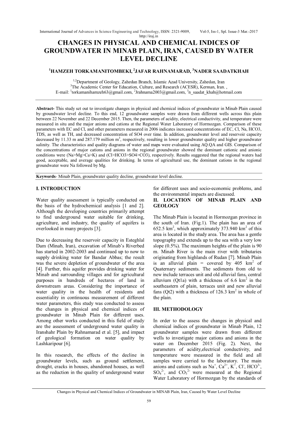 Changes in Physical and Chemical Indices of Groundwater in Minab Plain, Iran, Caused by Water Level Decline