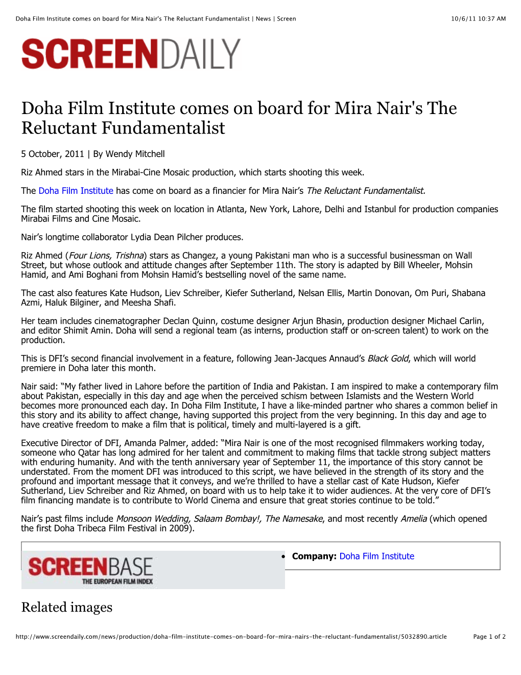 Doha Film Institute Comes on Board for Mira Nair's the Reluctant Fundamentalist | News | Screen 10/6/11 10:37 AM