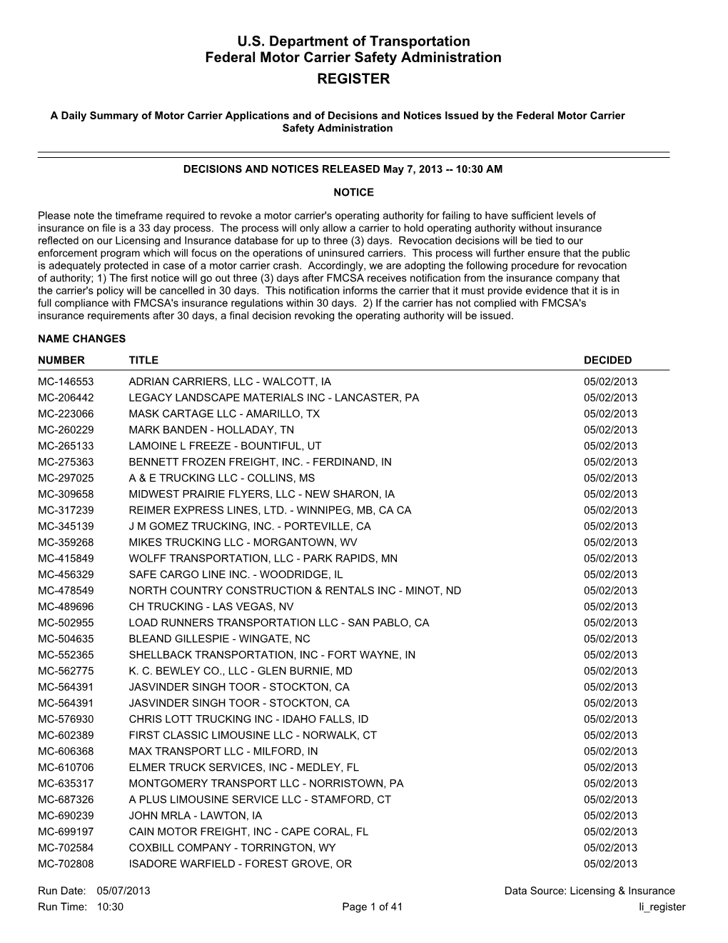 U.S. Department of Transportation Federal Motor Carrier Safety Administration REGISTER