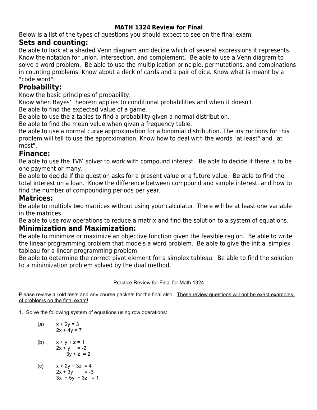 Practice Review For Final For Math 1324