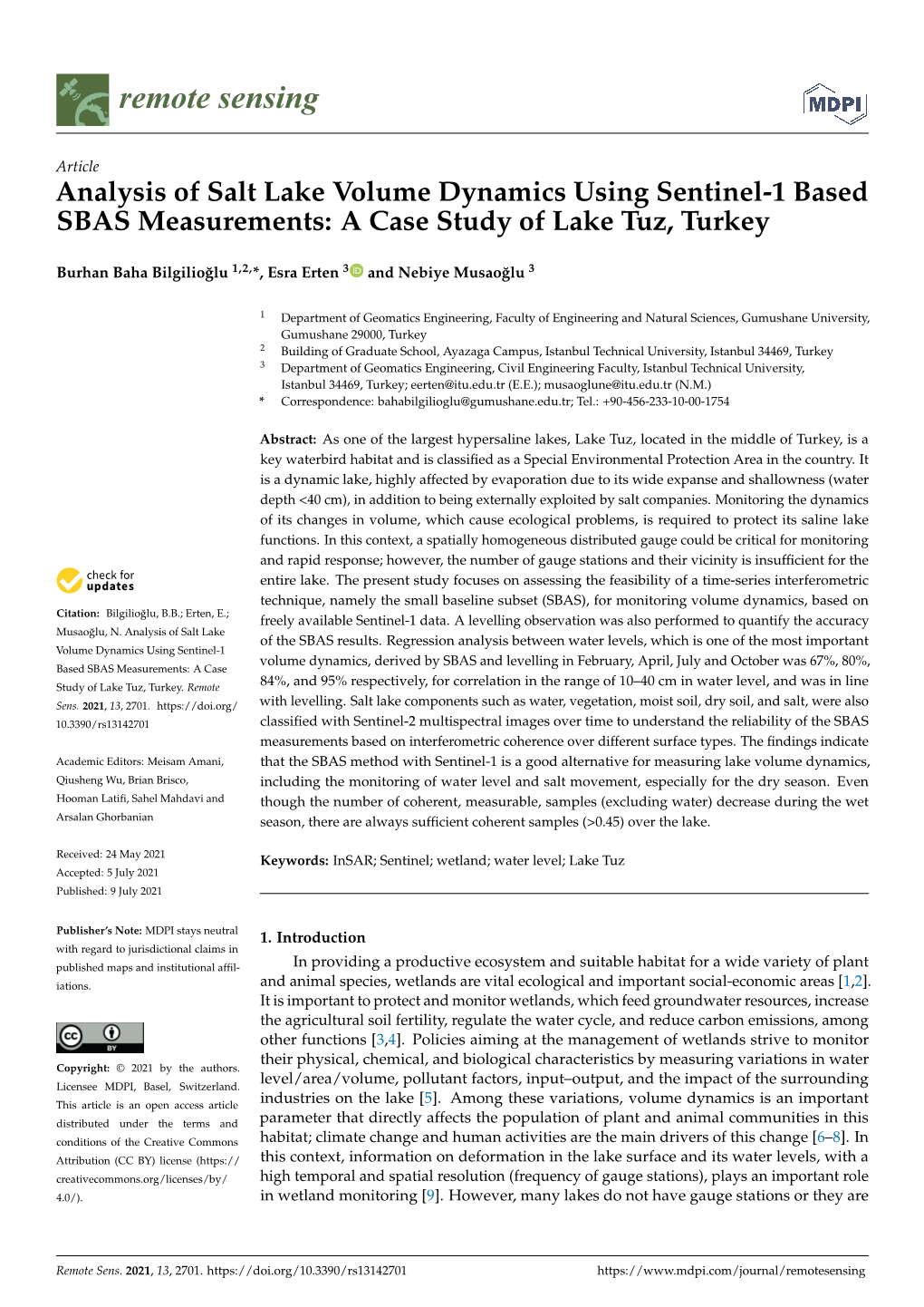 Analysis of Salt Lake Volume Dynamics Using Sentinel-1 Based SBAS Measurements: a Case Study of Lake Tuz, Turkey