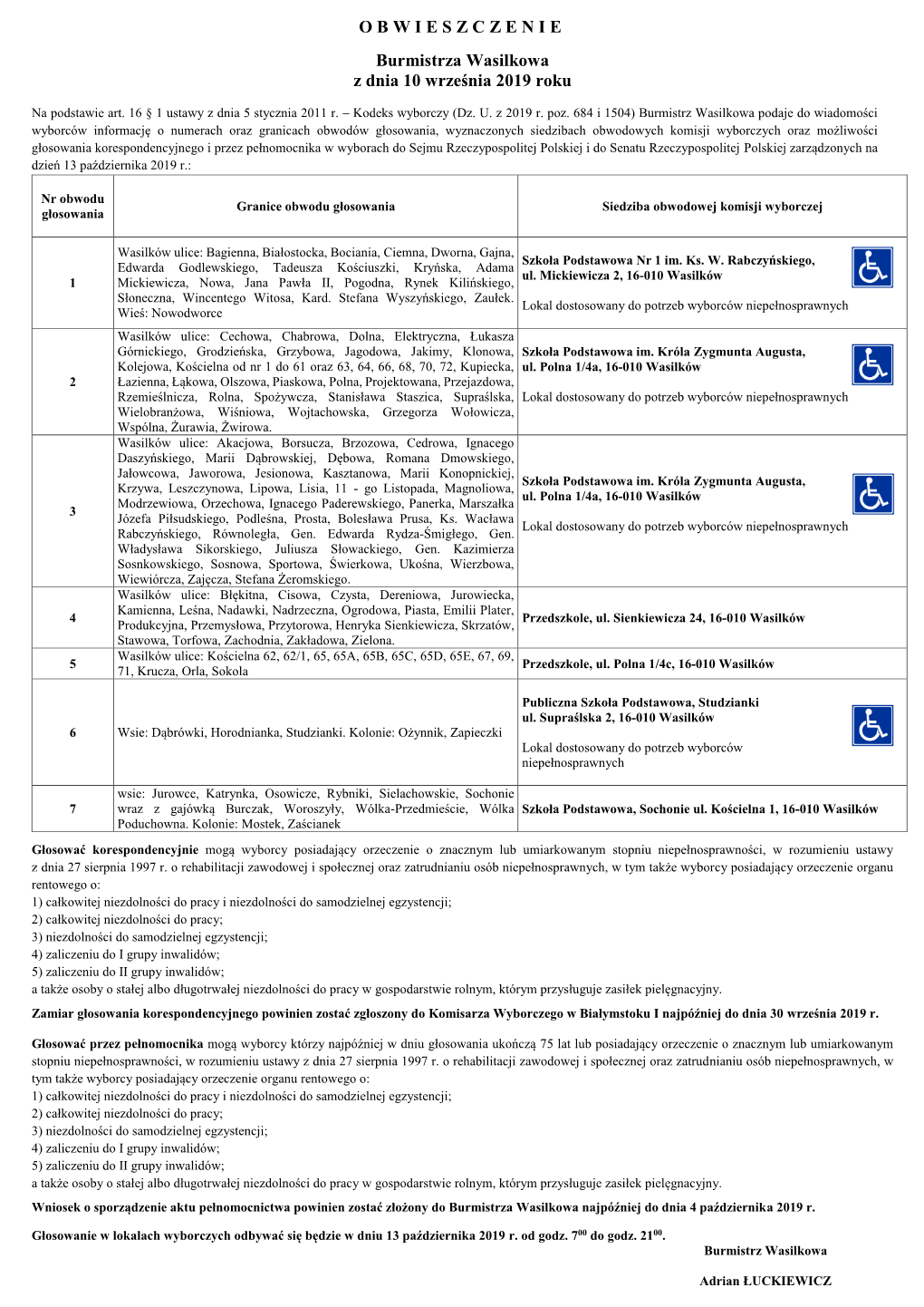 OBWIESZCZENIE Burmistrza Wasilkowa Z Dnia 10 Września 2019 Roku