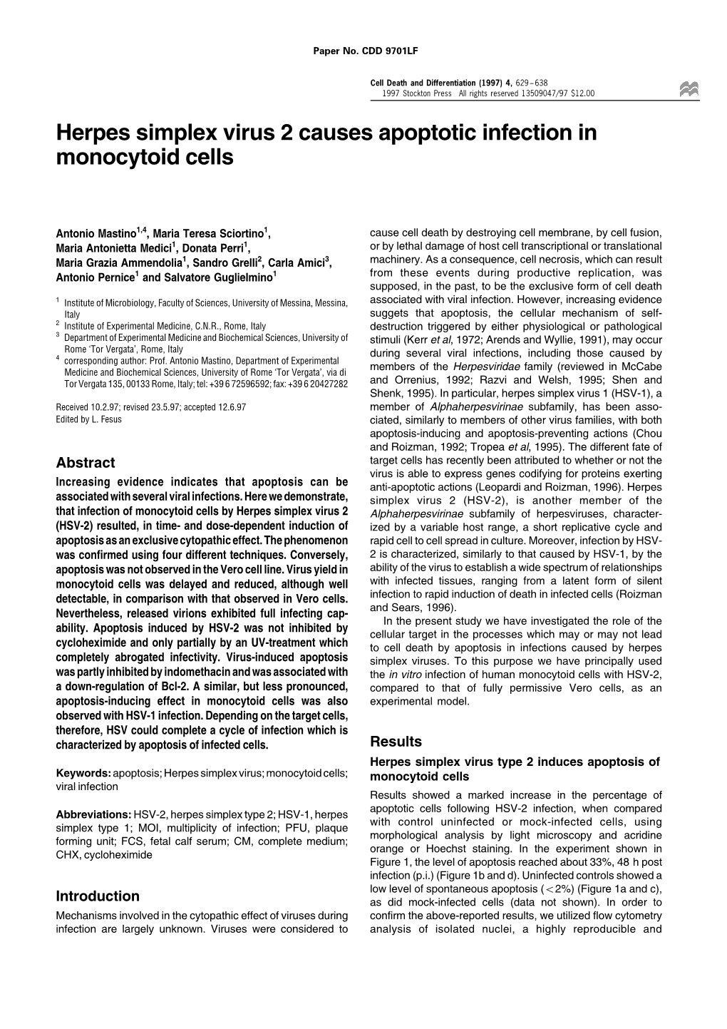 Herpes Simplex Virus 2 Causes Apoptotic Infection in Monocytoid Cells