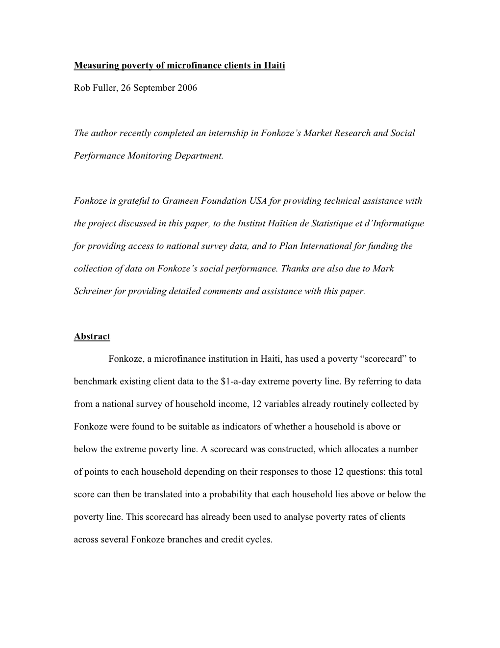 Measuring Poverty of Microfinance Clients in Haiti Rob Fuller, 26