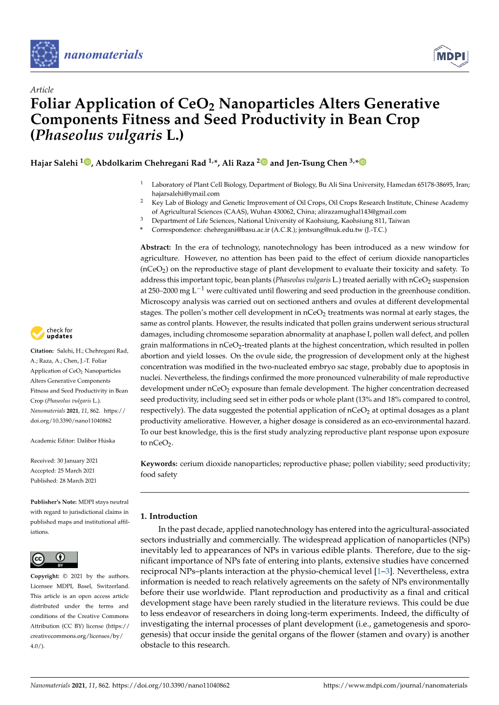 Foliar Application of Ceo2 Nanoparticles Alters Generative Components Fitness and Seed Productivity in Bean Crop (Phaseolus Vulgaris L.)