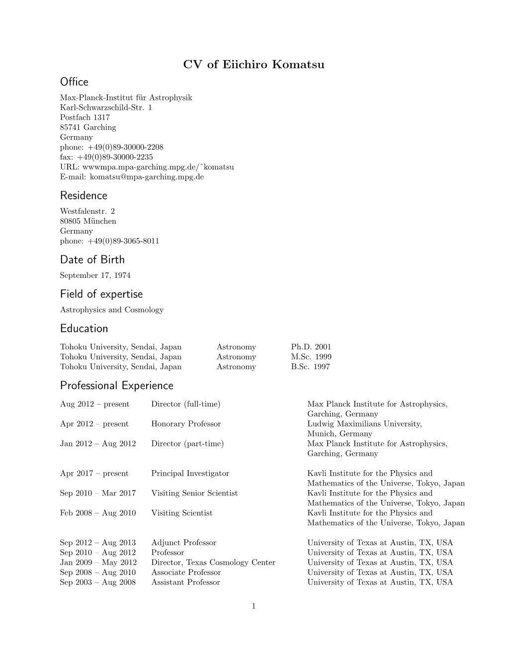 CV of Eiichiro Komatsu Office Residence Date of Birth Field