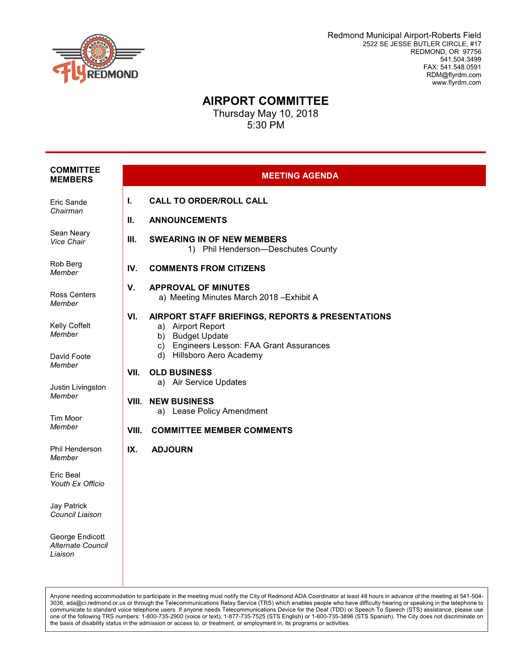 AIRPORT COMMITTEE Thursday May 10, 2018 5:30 PM