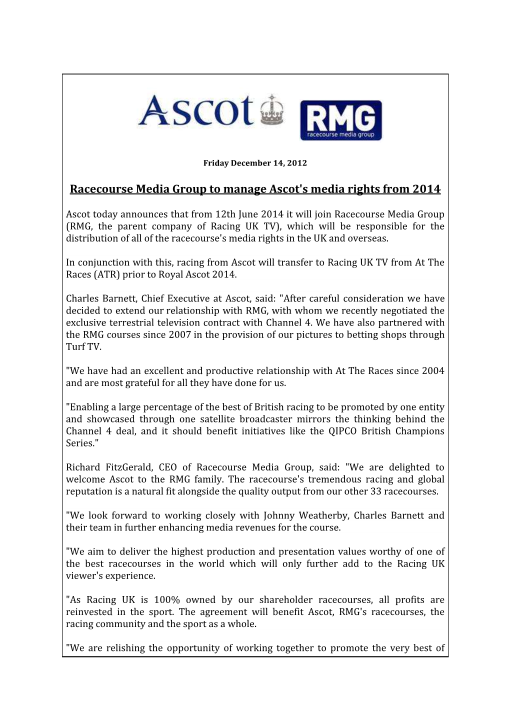 Racecourse Media Group to Manage Ascot's Media Rights from 2014