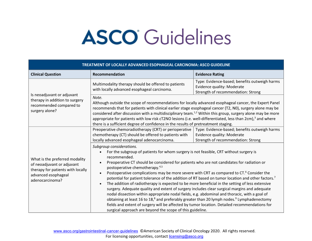 Treatment of Locally Advanced Esophageal Carcinoma: Asco Guideline