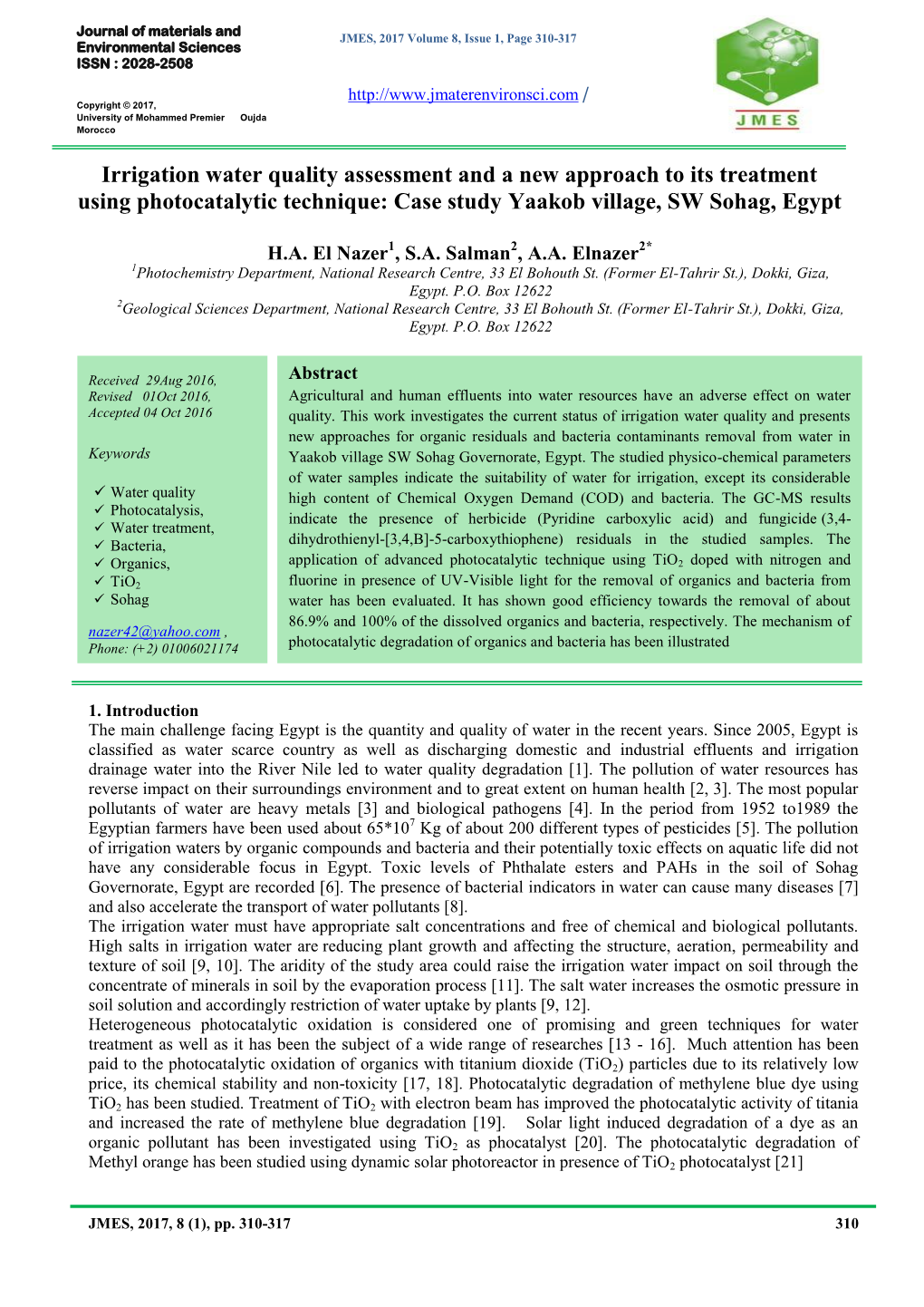 Irrigation Water Quality Assessment and a New Approach to Its Treatment Using Photocatalytic Technique: Case Study Yaakob Village, SW Sohag, Egypt