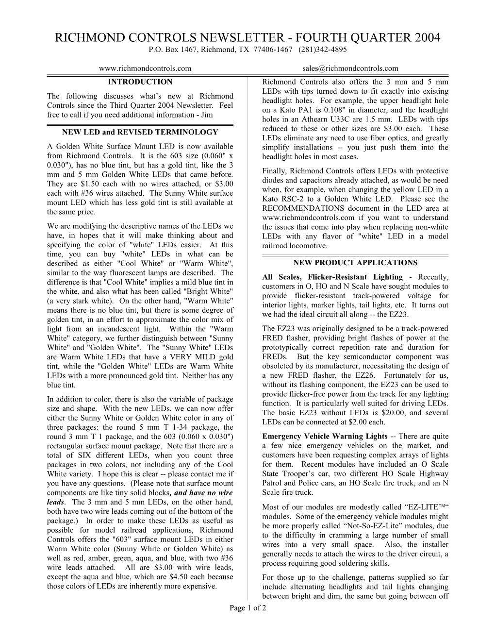 Richmond Controls Newsletter - Fourth Quarter 2004