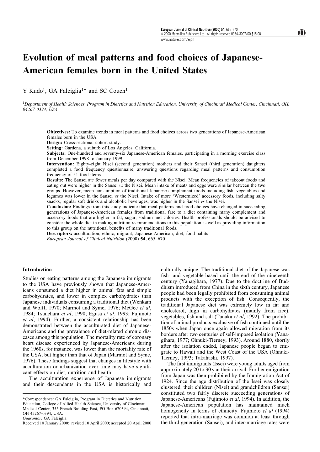 Evolution of Meal Patterns and Food Choices of Japanese- American Females Born in the United States
