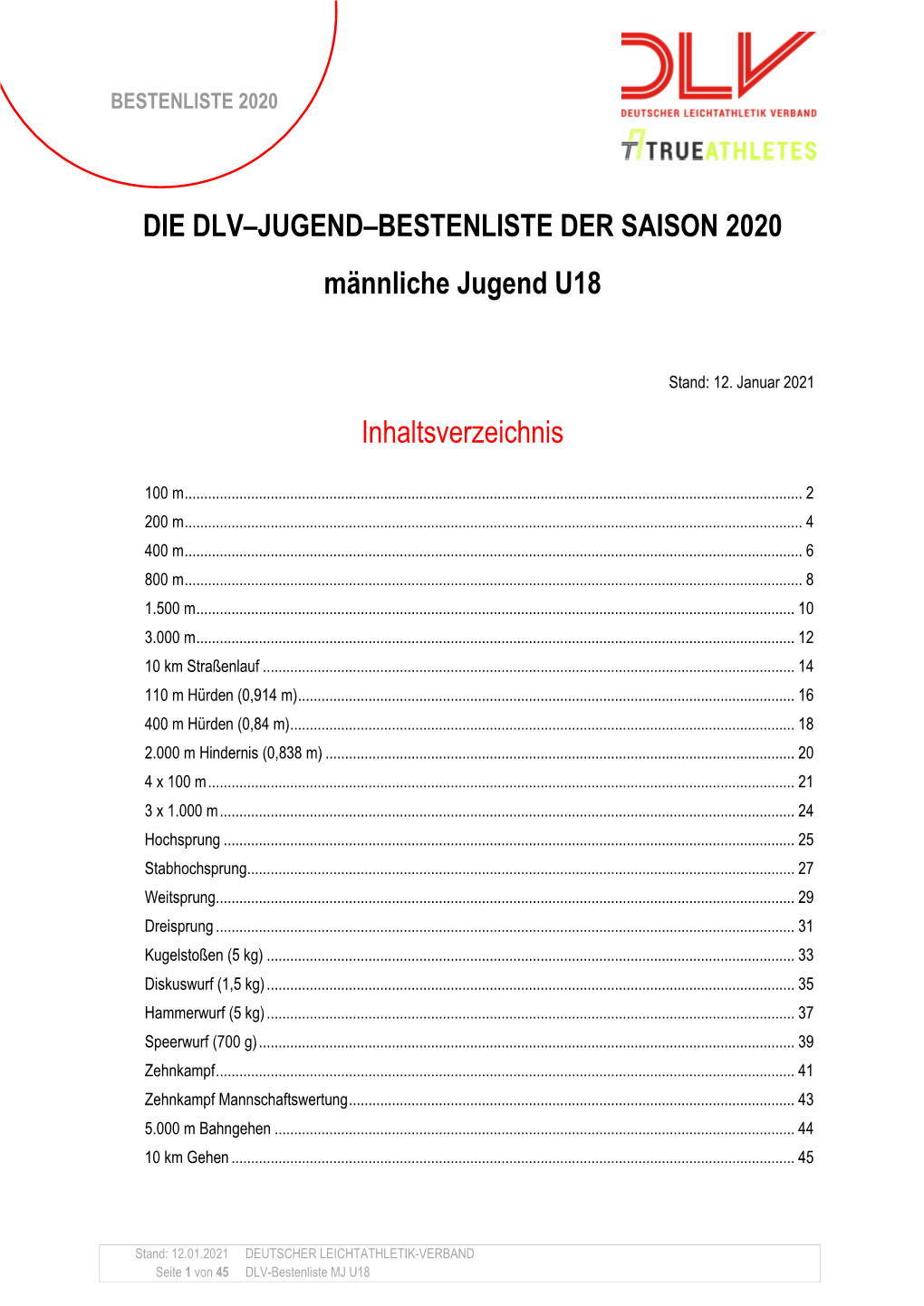 DLV-Bestenliste 2020 Männliche Jugend