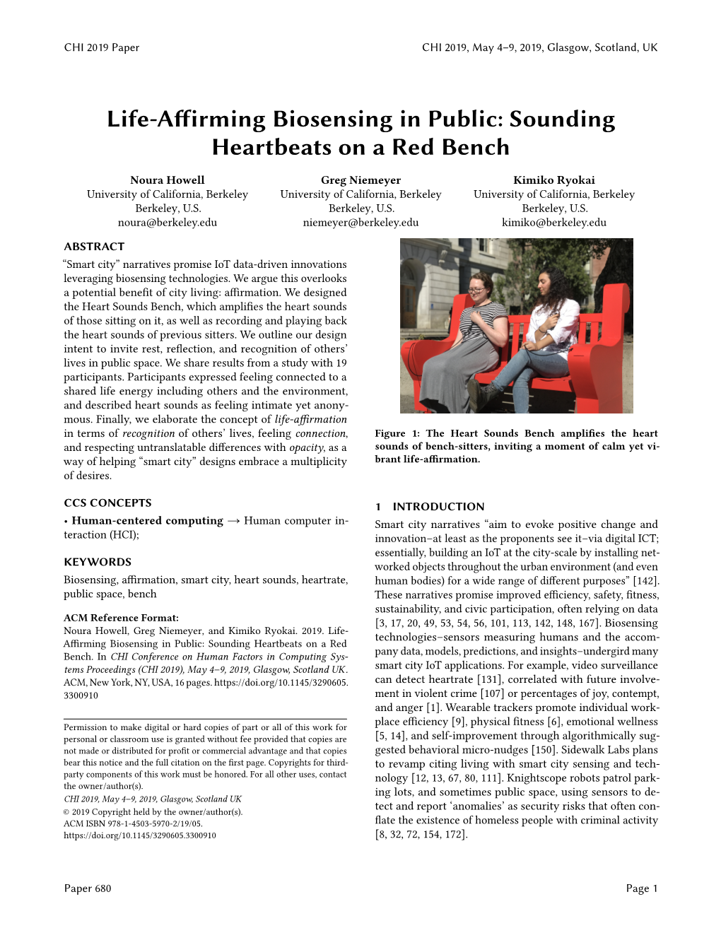 Life-Affirming Biosensing in Public: Sounding Heartbeats on a Red Bench
