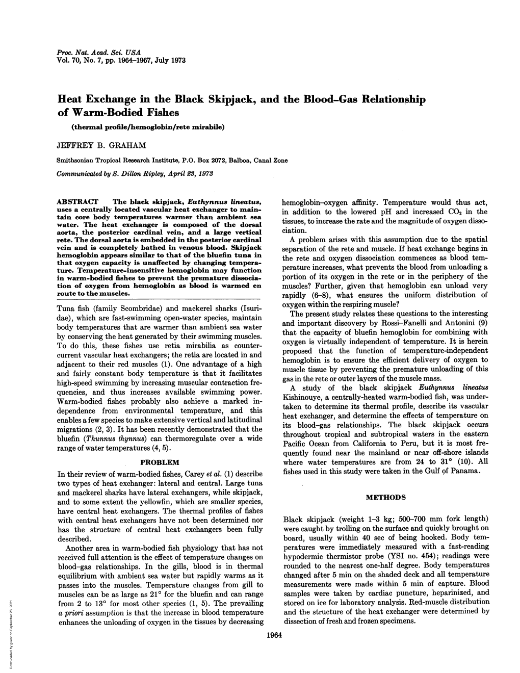 Heat Exchange in the Black Skipjack, and the Blood-Gas Relationship of Warm-Bodied Fishes (Thermal Profile/Hemoglobin/Rete Mirabile) JEFFREY B