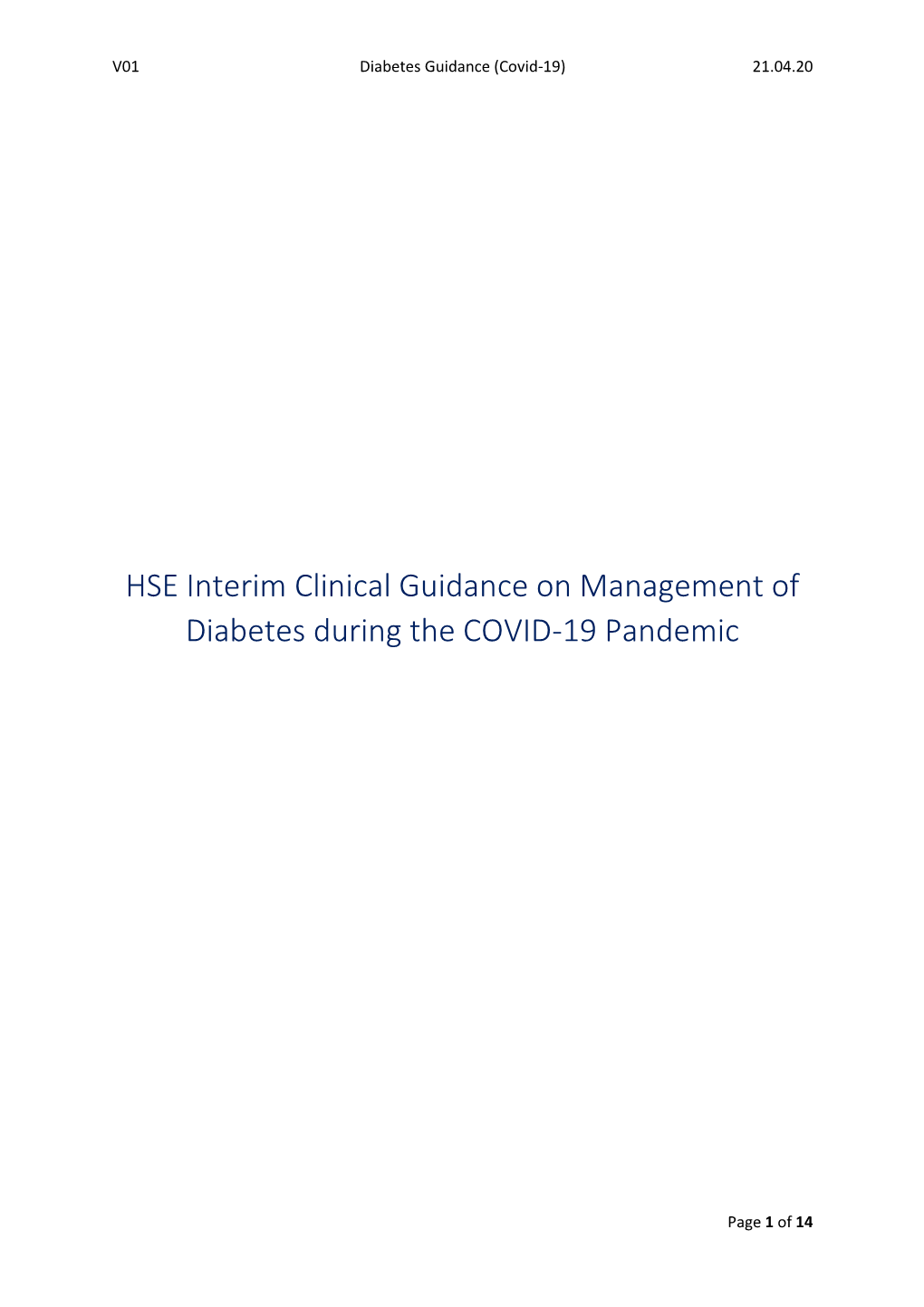 HSE Interim Clinical Guidance on Management of Diabetes During the COVID-19 Pandemic