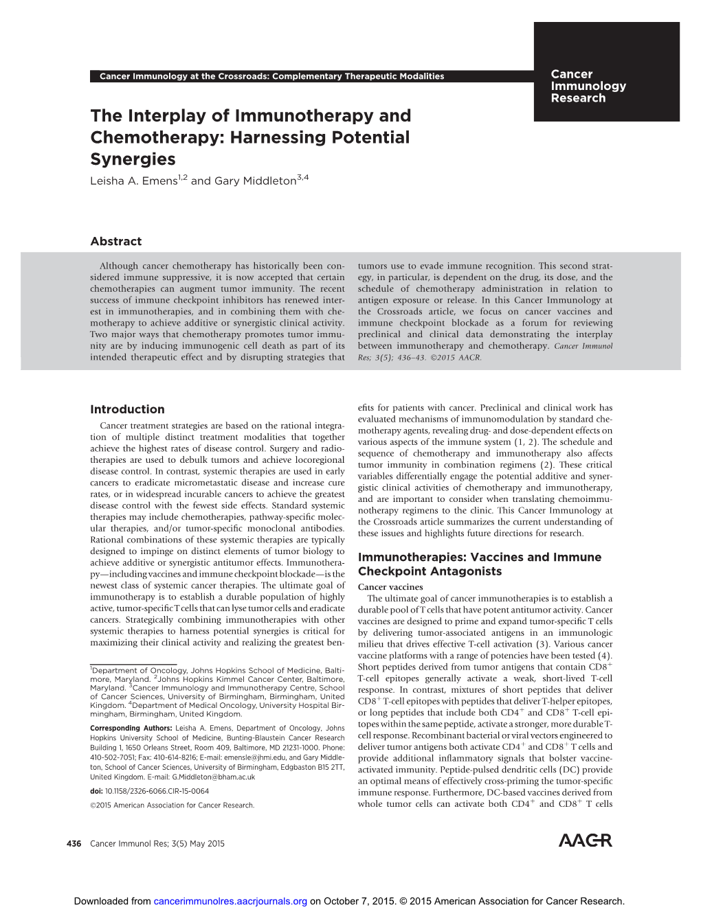 The Interplay of Immunotherapy and Chemotherapy: Harnessing Potential Synergies Leisha A
