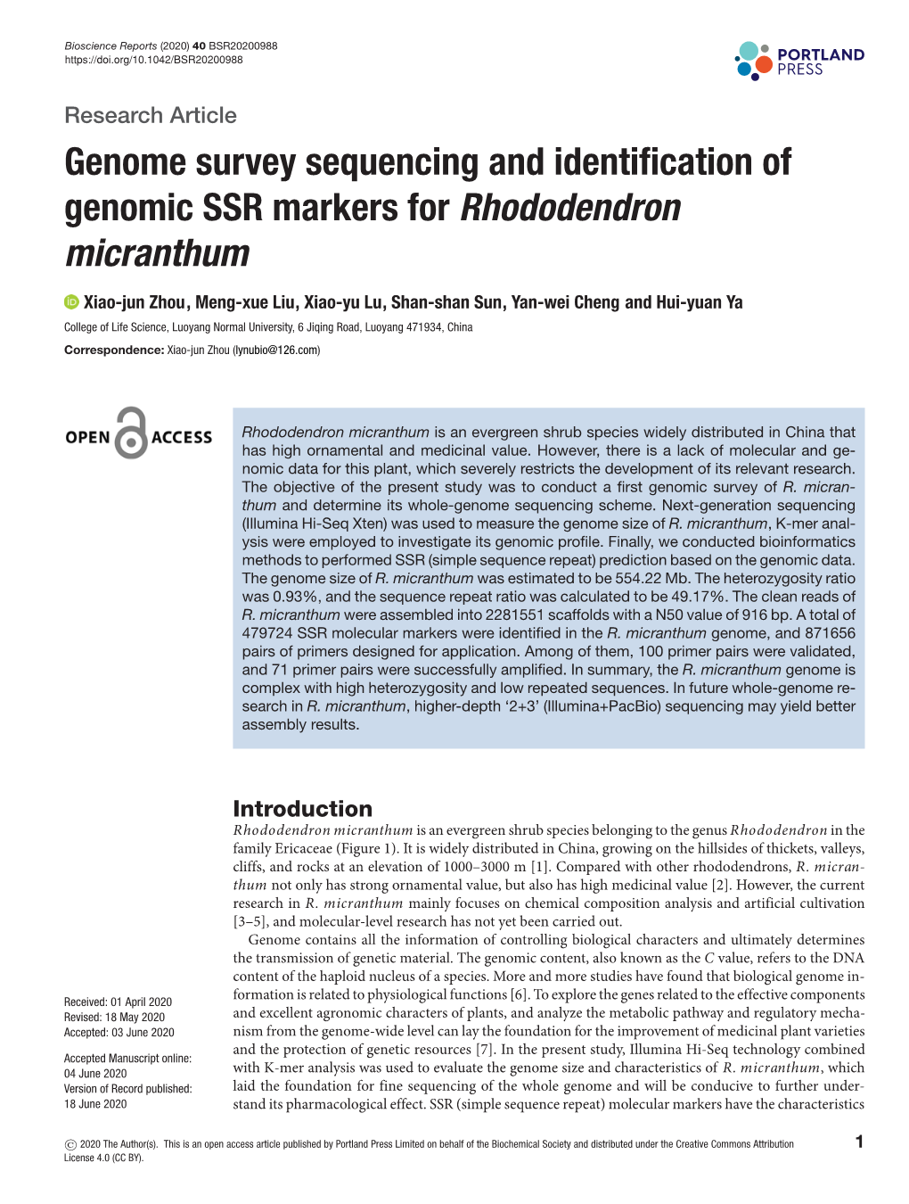 Genome Survey Sequencing and Identification of Genomic SSR