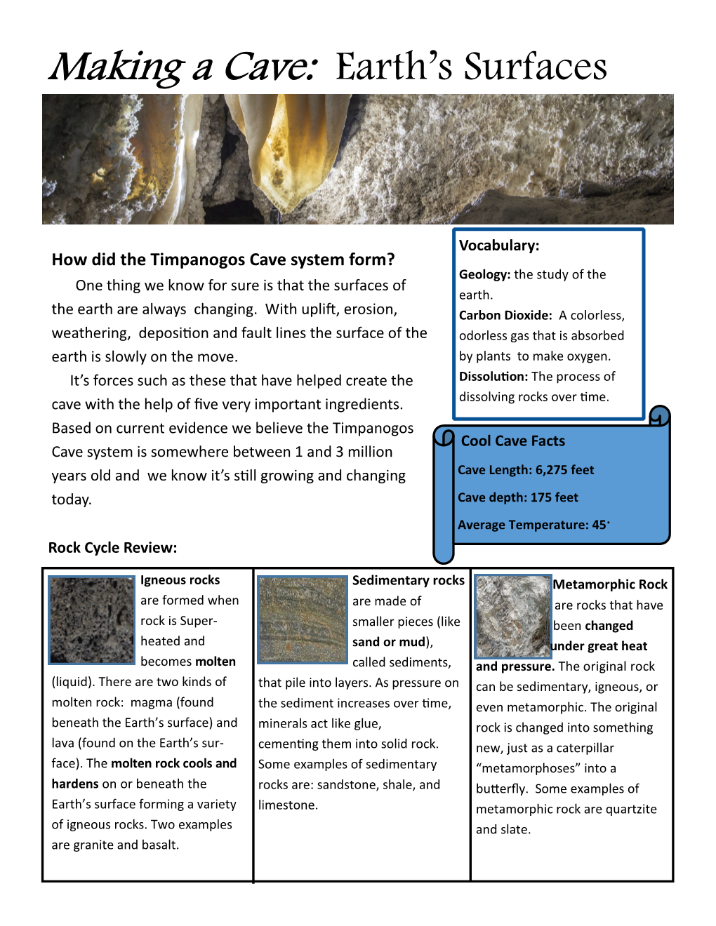 Making a Cave: Earth’S Surfaces