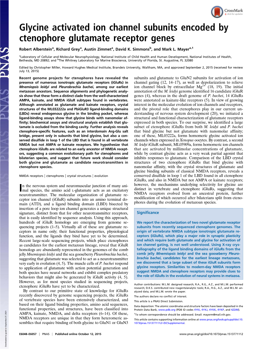 Glycine Activated Ion Channel Subunits Encoded by Ctenophore Glutamate Receptor Genes