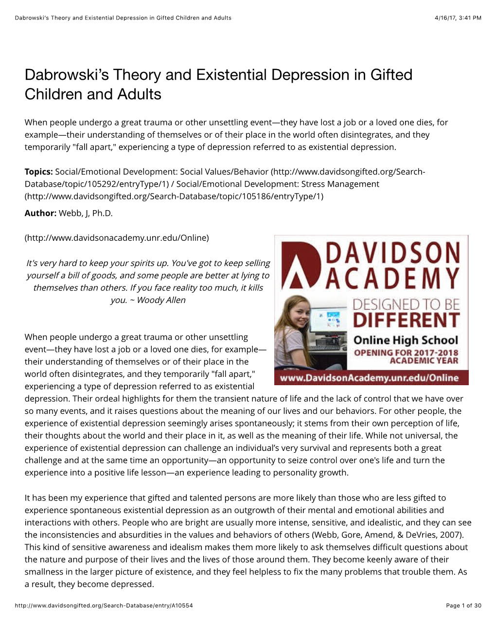 Dabrowski's Theory and Existential Depression in Gifted Children And