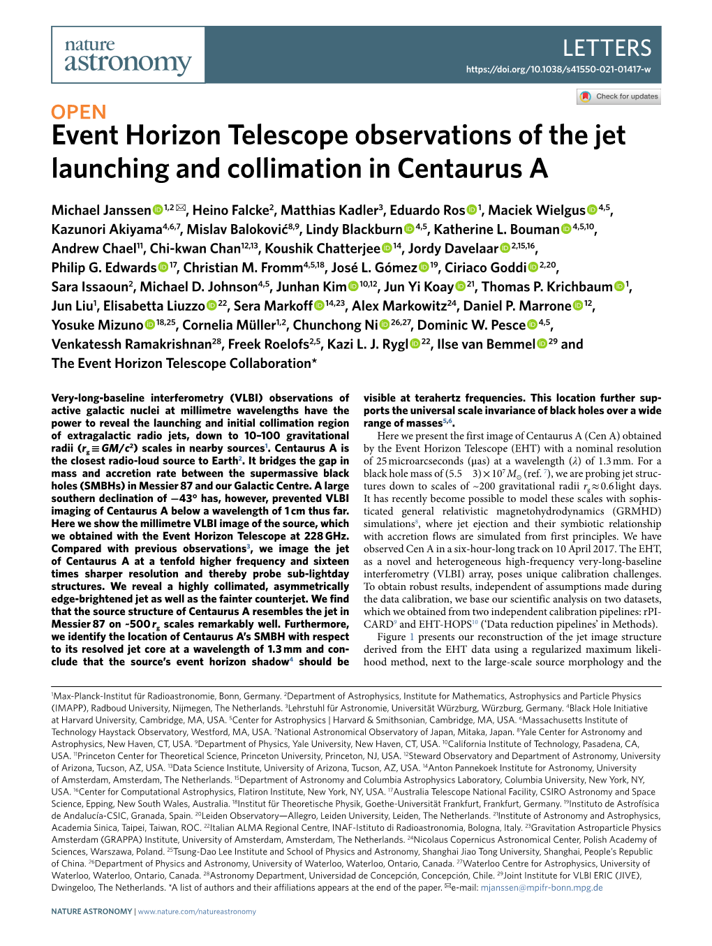 Event Horizon Telescope Observations of the Jet Launching and Collimation in Centaurus A