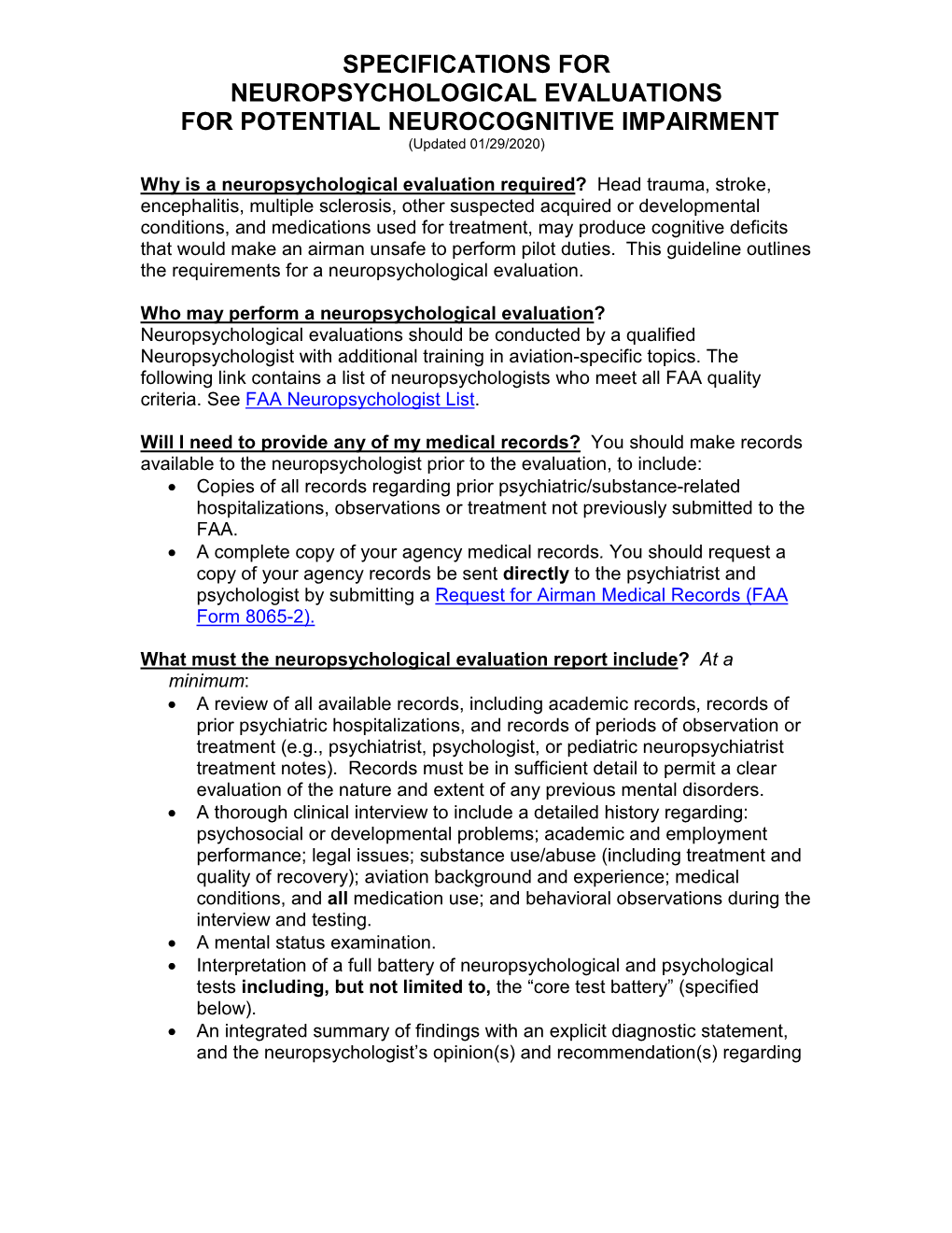 SPECIFICATIONS for NEUROPSYCHOLOGICAL EVALUATIONS for POTENTIAL NEUROCOGNITIVE IMPAIRMENT (Updated 01/29/2020)