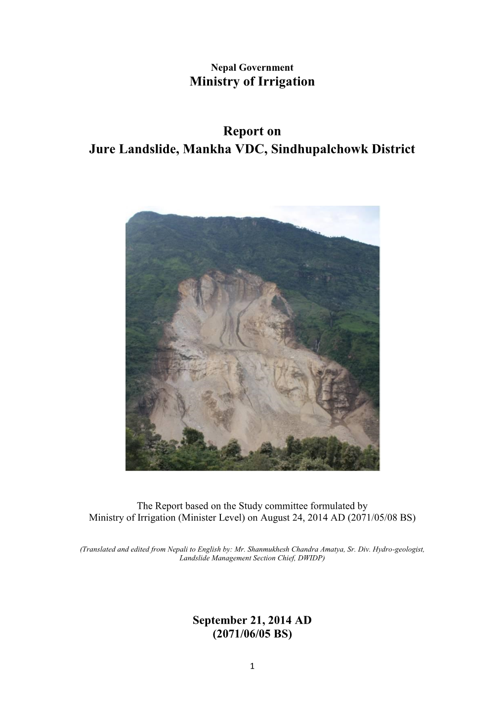 Report on Jure Landslide, Mankha VDC, Sindhupalchowk District