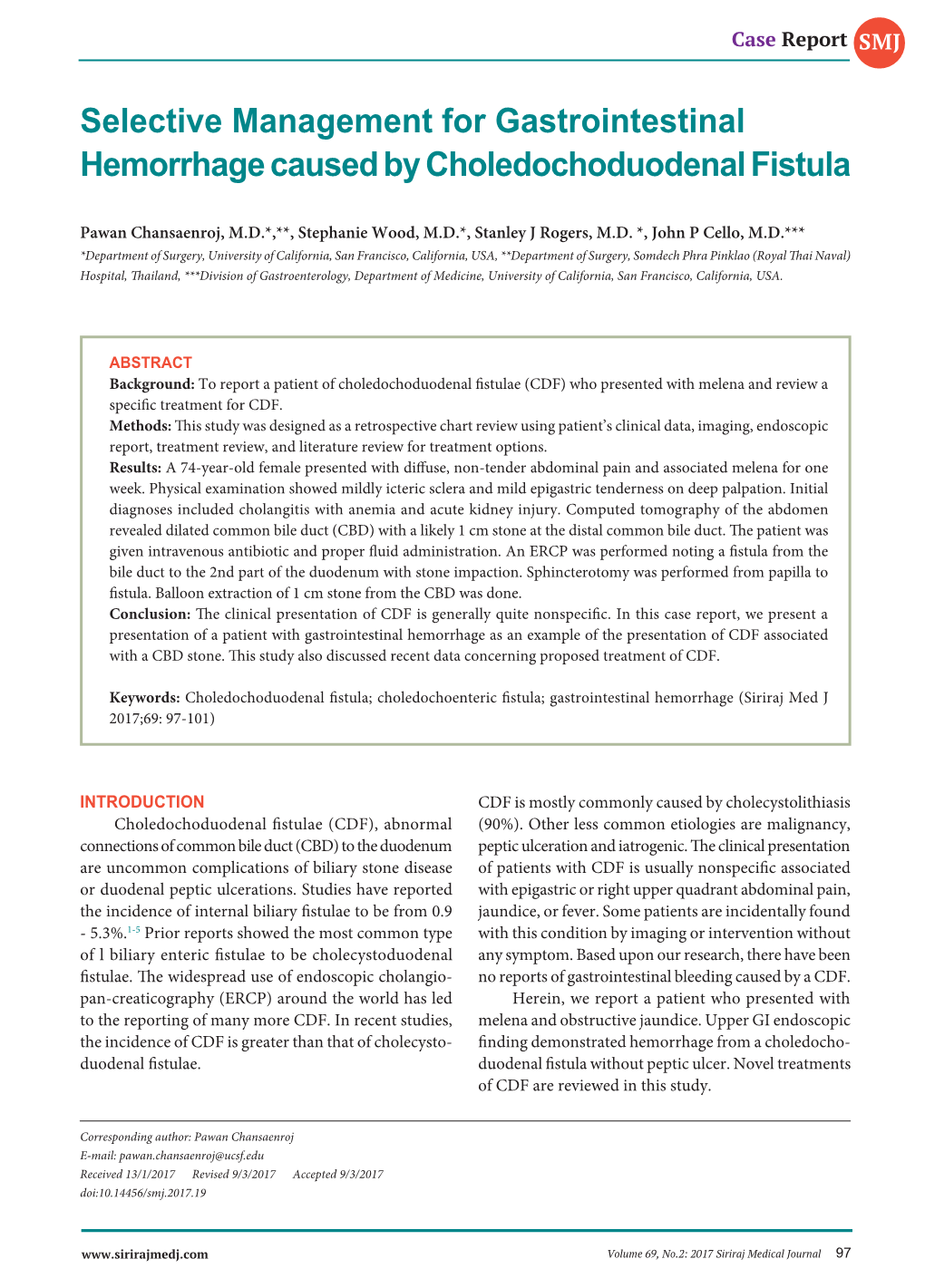 Selective Management for Gastrointestinal Hemorrhage Caused by Choledochoduodenal Fistula