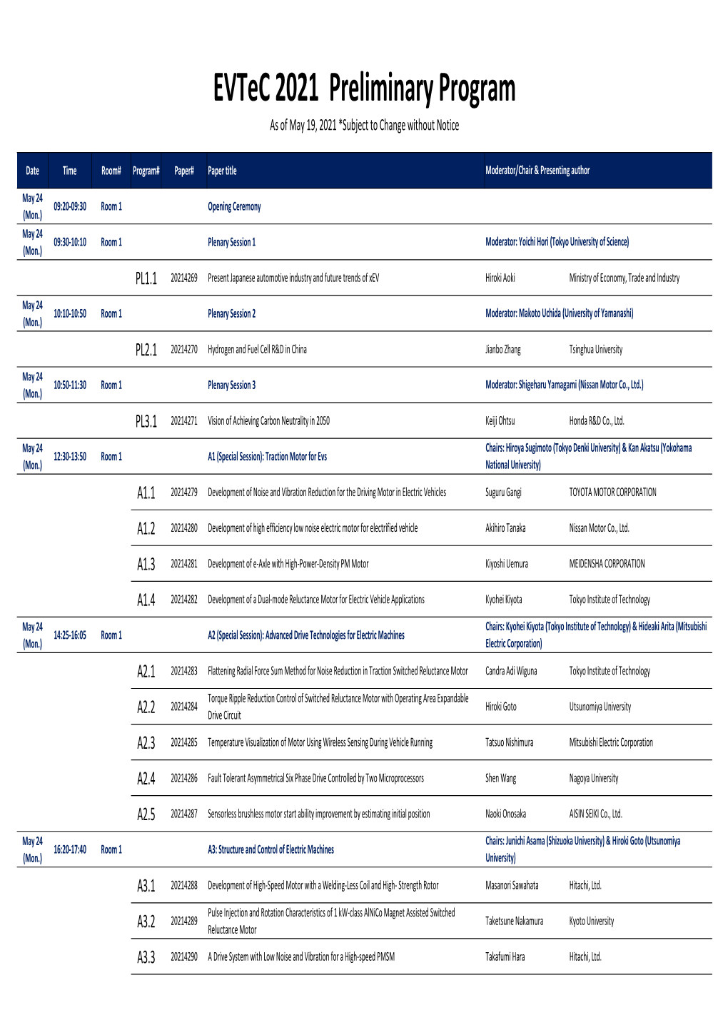 Evtec 2021 Preliminary Program As of May 19, 2021 *Subject to Change Without Notice