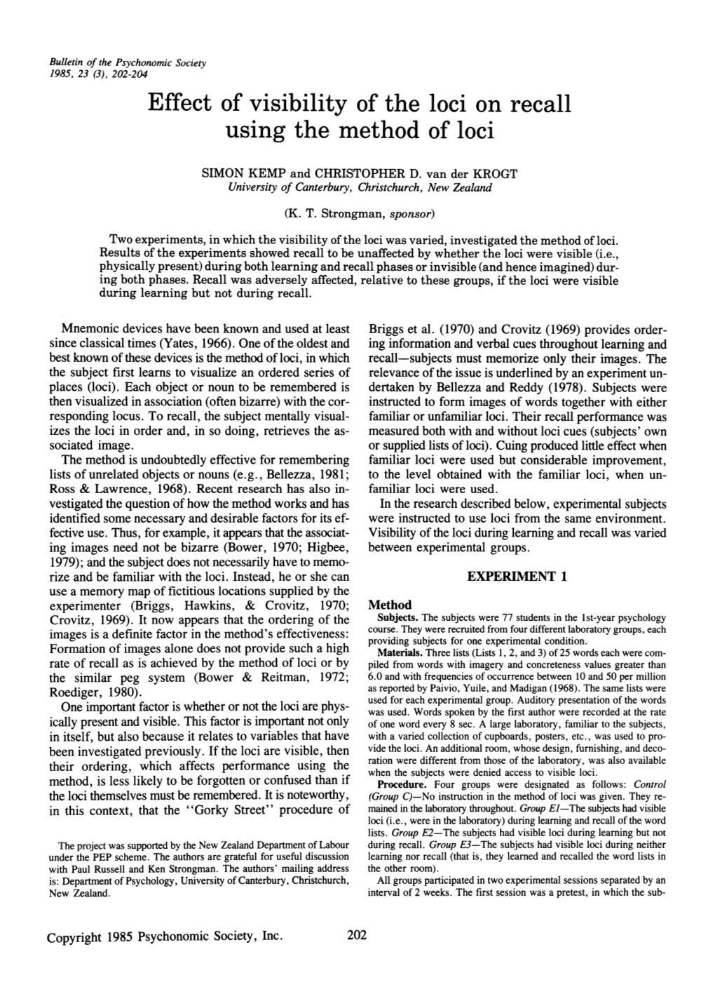 Effect of Visibility of the Loci on Recall Using the Method of Loci