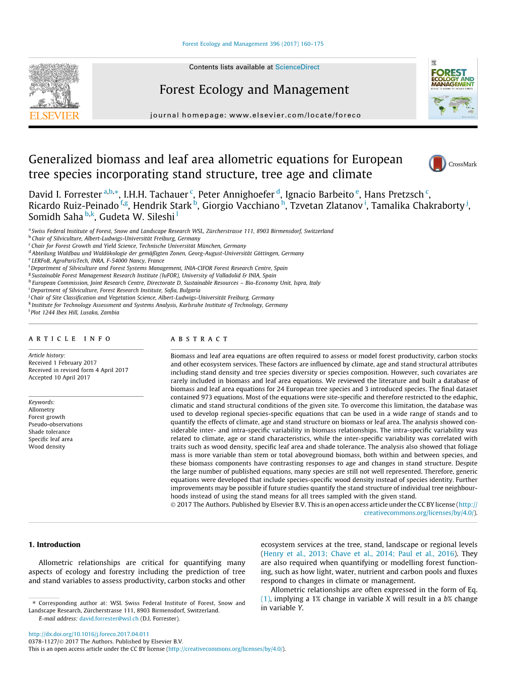 Generalized Biomass and Leaf Area Allometric Equations for European Tree Species Incorporating Stand Structure, Tree Age and Climate ⇑ David I