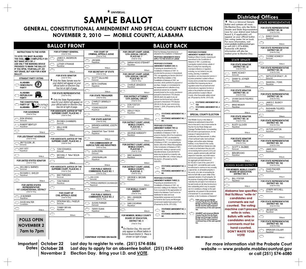 SAMPLE BALLOT This Is a Universal Sample STATE REPRESENTATIVE Ballot* and Contains All Races