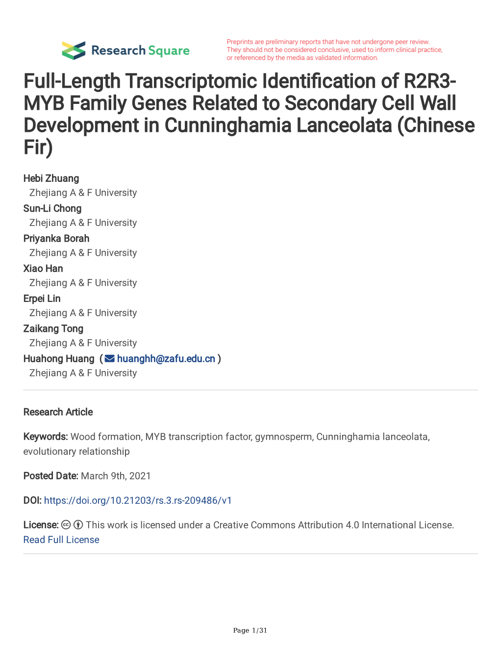 Full-Length Transcriptomic Identi Cation of R2R3- MYB Family Genes