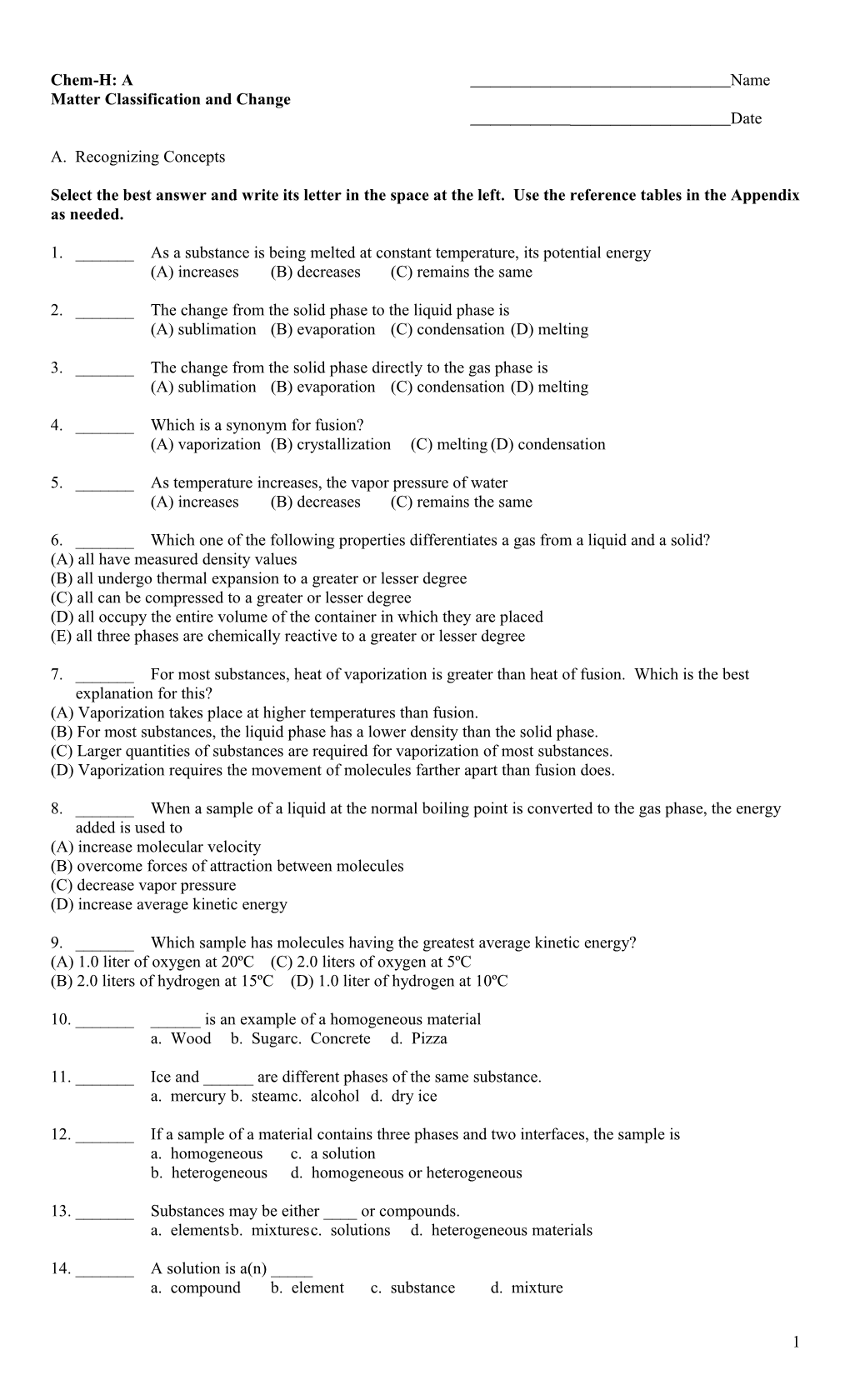 Matter Classification and Change