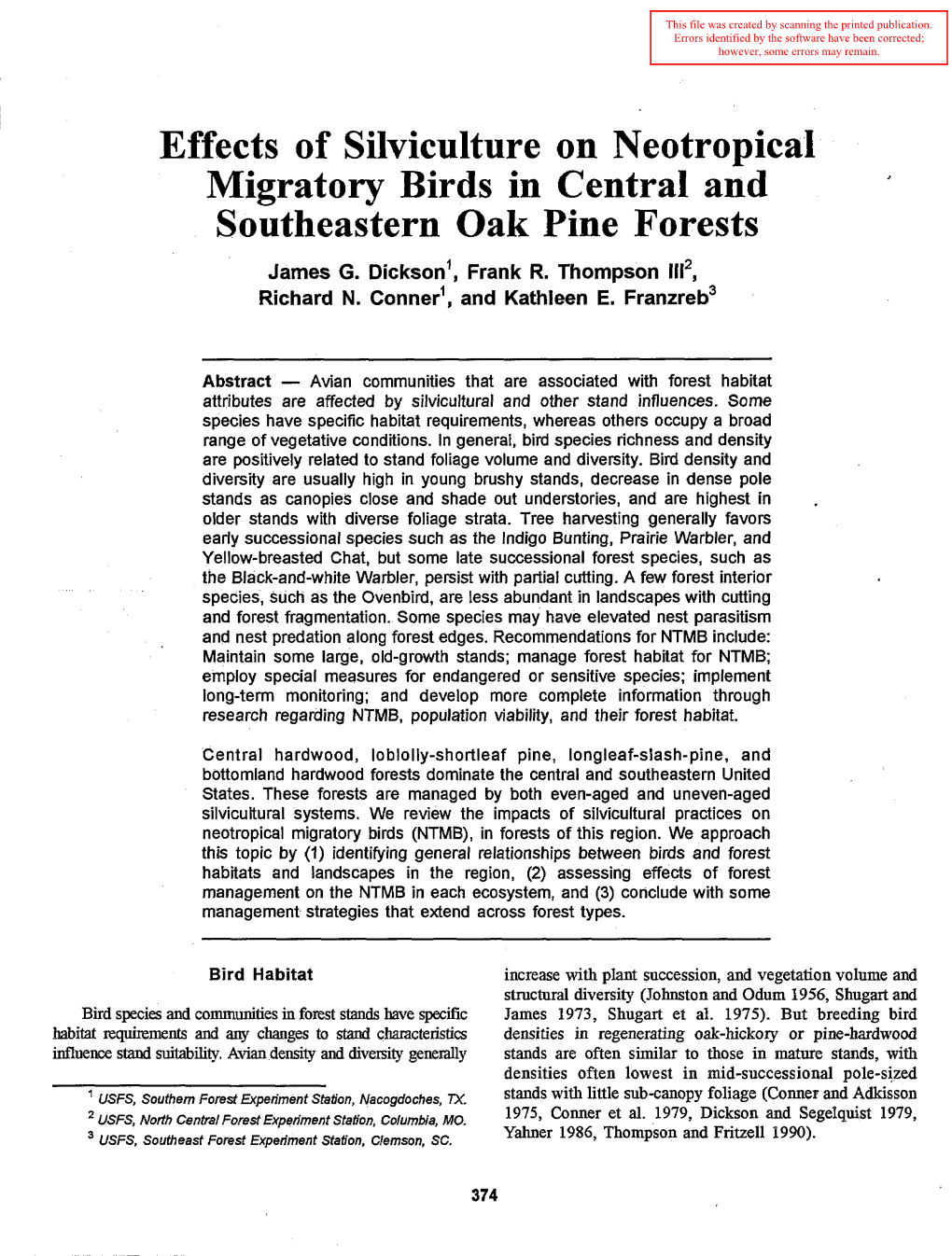 Effects of Silviculture on Neotropical Migratory Birds in Central and Southeastern Oak Pine Forests James G