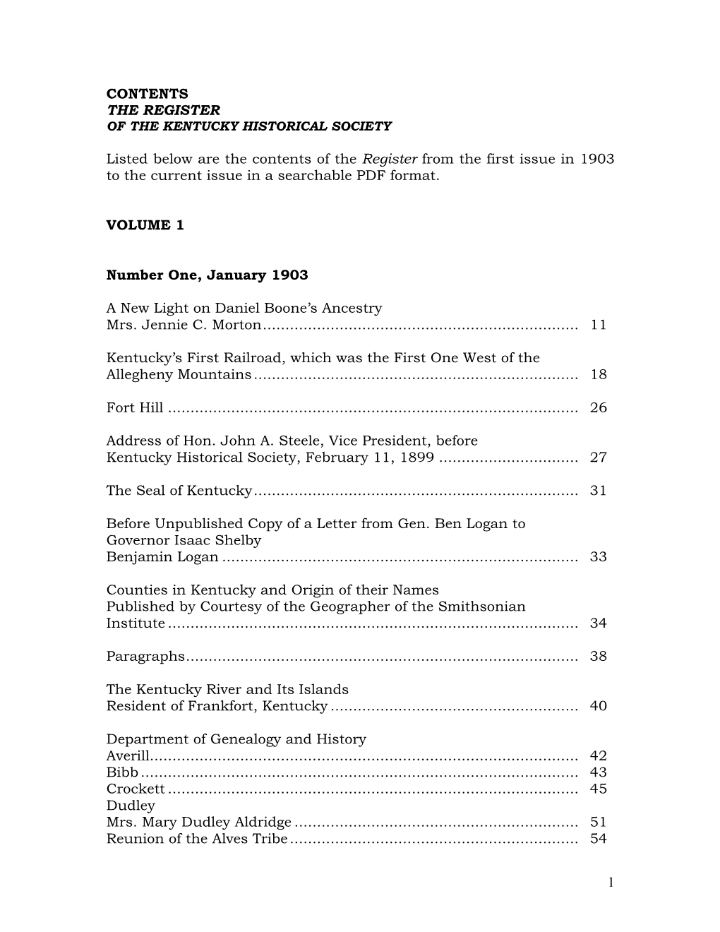 1 CONTENTS the REGISTER Listed Below Are the Contents of the Register from the First Issue in 1903 to the Current Issue in A