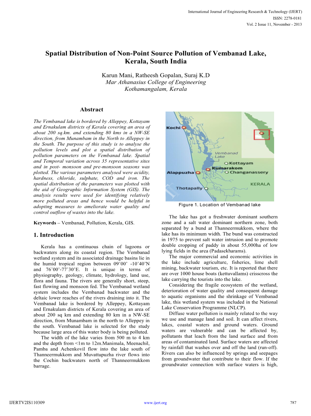 Spatial Distribution of Non-Point Source Pollution of Vembanad Lake, Kerala, South India
