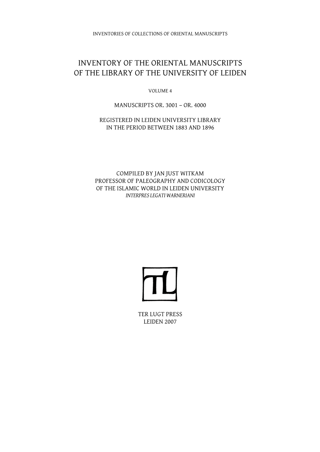 Inventory of the Oriental Manuscripts of the Library of the University of Leiden