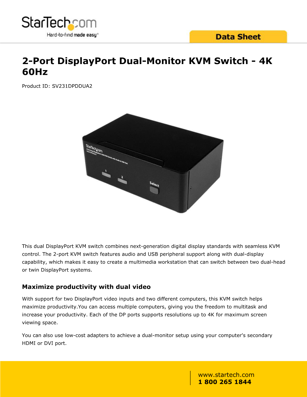 2-Port Displayport Dual-Monitor KVM Switch - 4K 60Hz