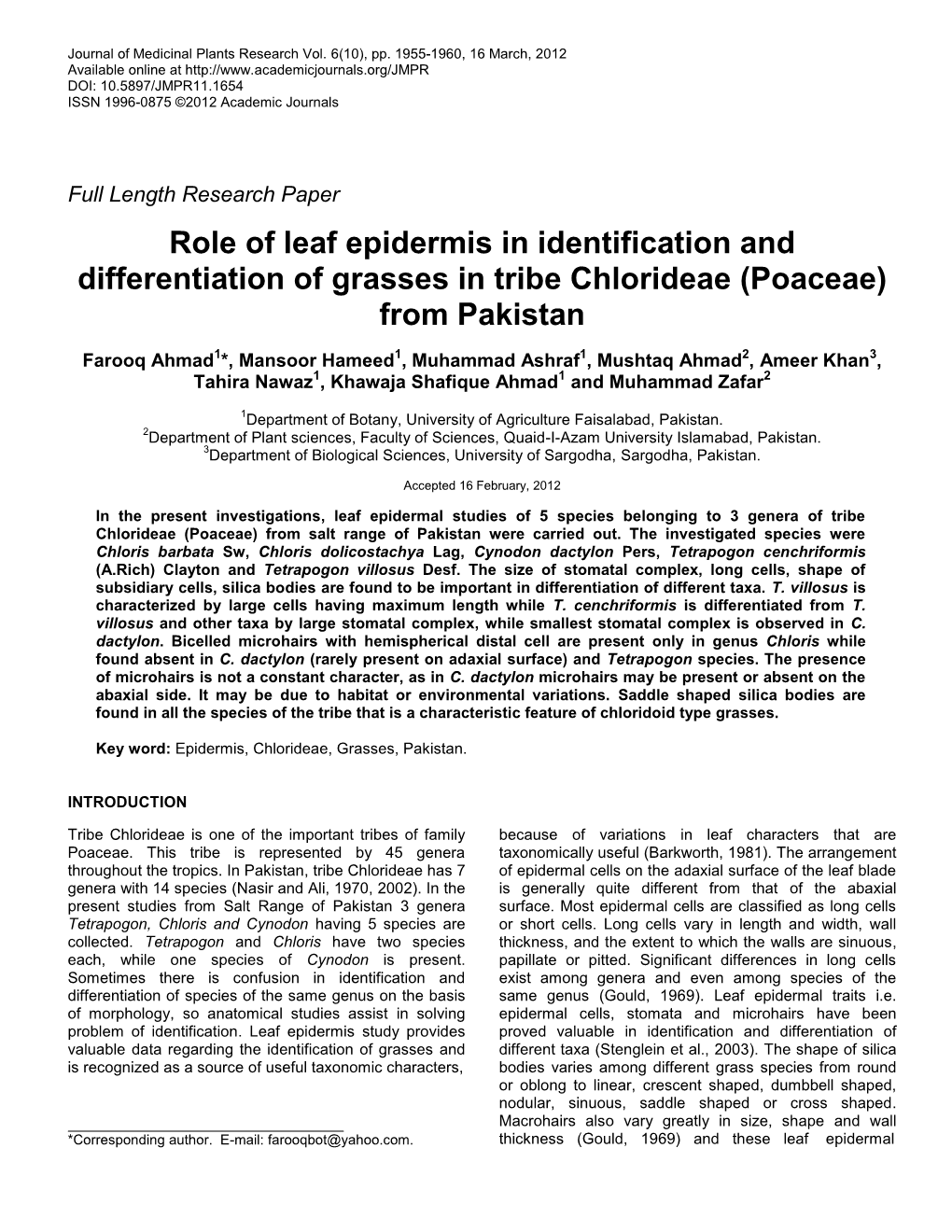 Role of Leaf Epidermis in Identification and Differentiation of Grasses in Tribe Chlorideae (Poaceae) from Pakistan